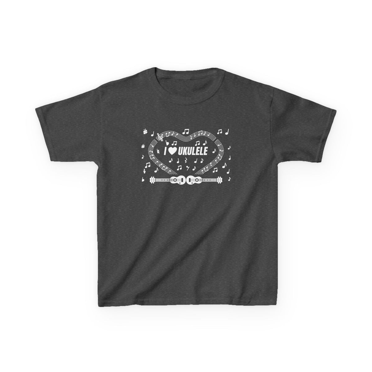 Music-themed Kids Heavy Cotton Tee: 'I love ukulele' - black & white