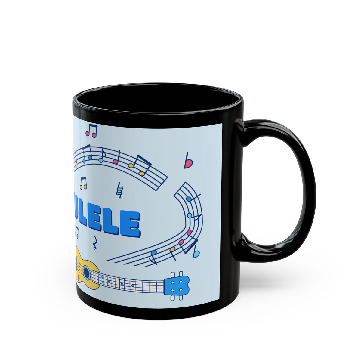 Music-themed Black Mug (11oz, 15oz): 'I love ukulele' - blue