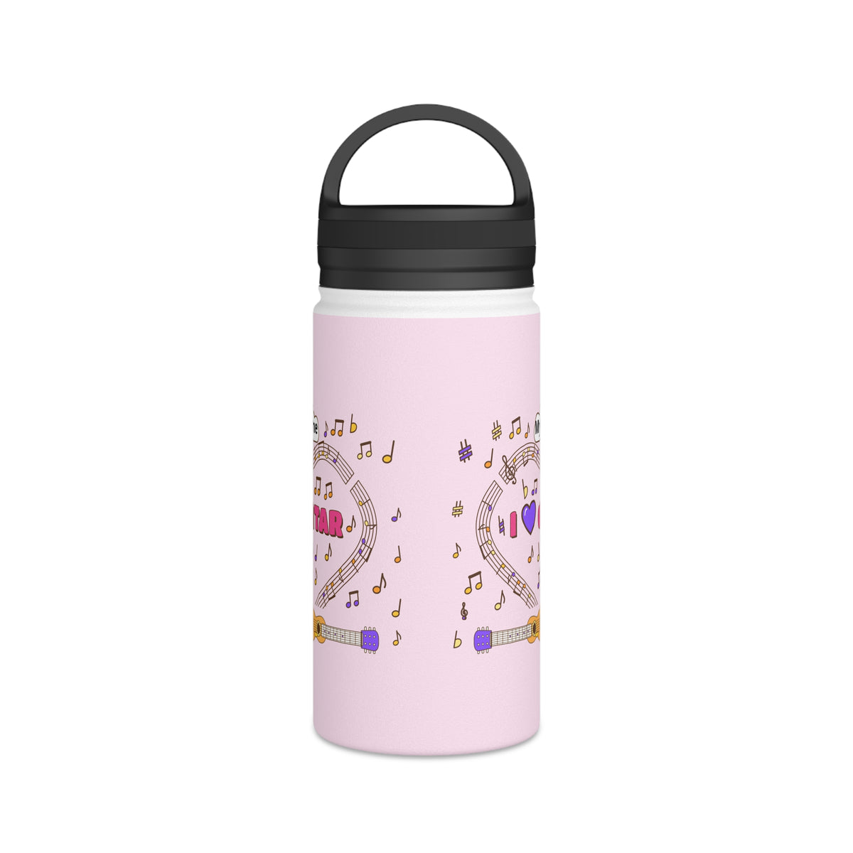 Music-themed Stainless Steel Water Bottle, Handle Lid: 'I love guitar' - pink