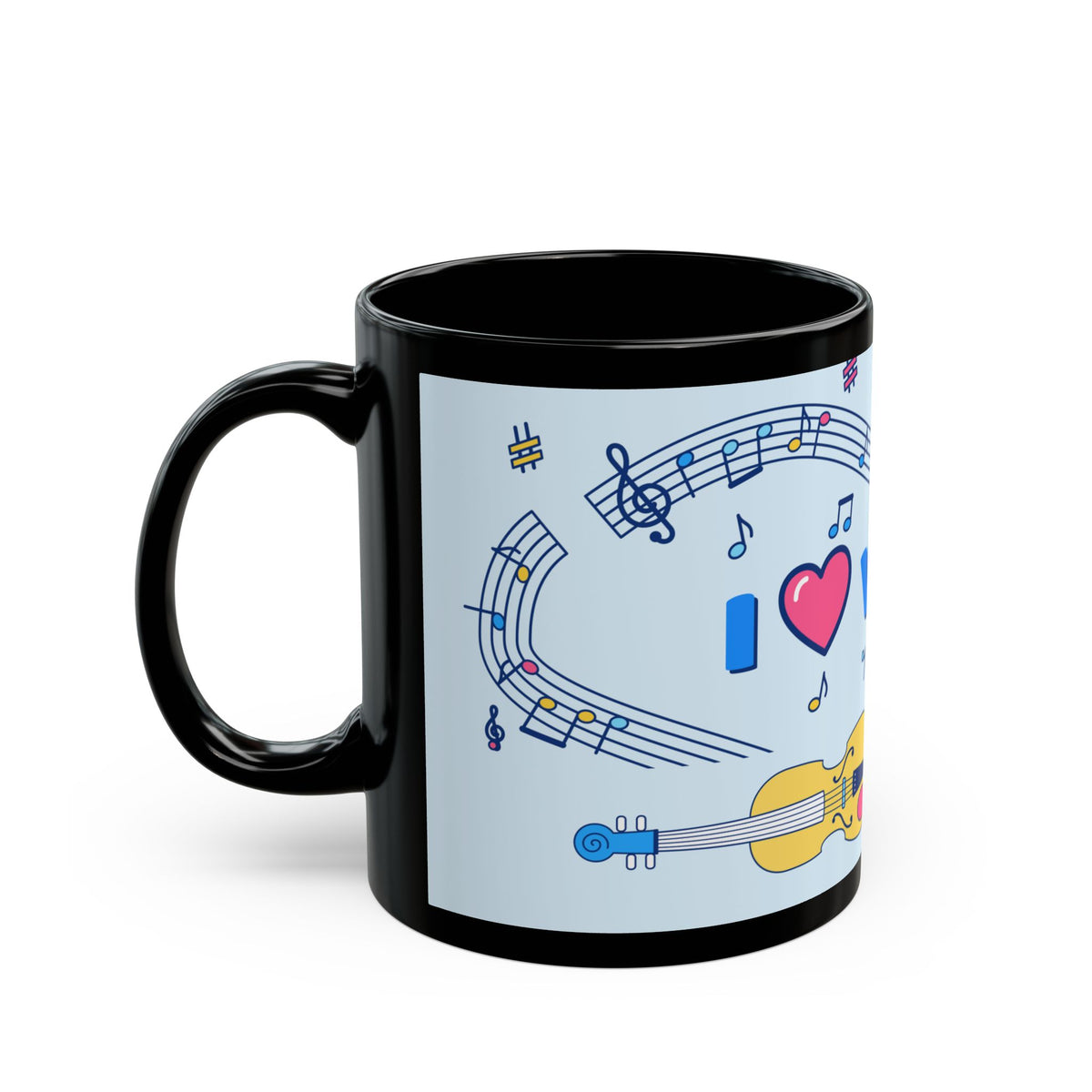 Music-themed Black Mug (11oz, 15oz): 'I love violin' - blue