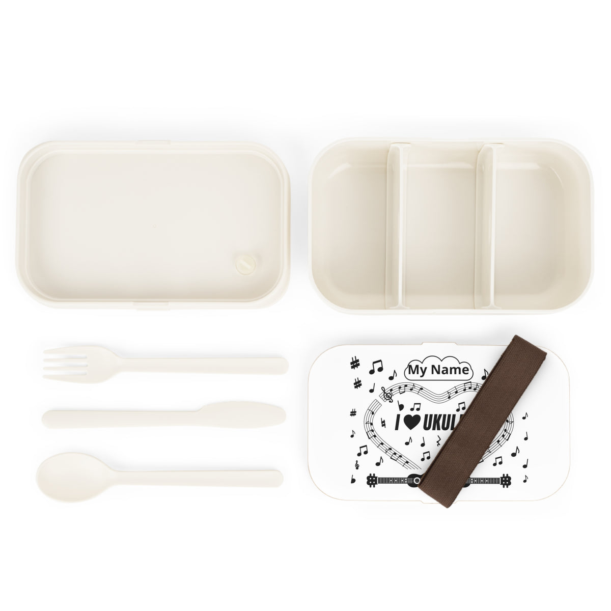 Music-themed Bento Lunch Box: 'I love ukulele' - black on white
