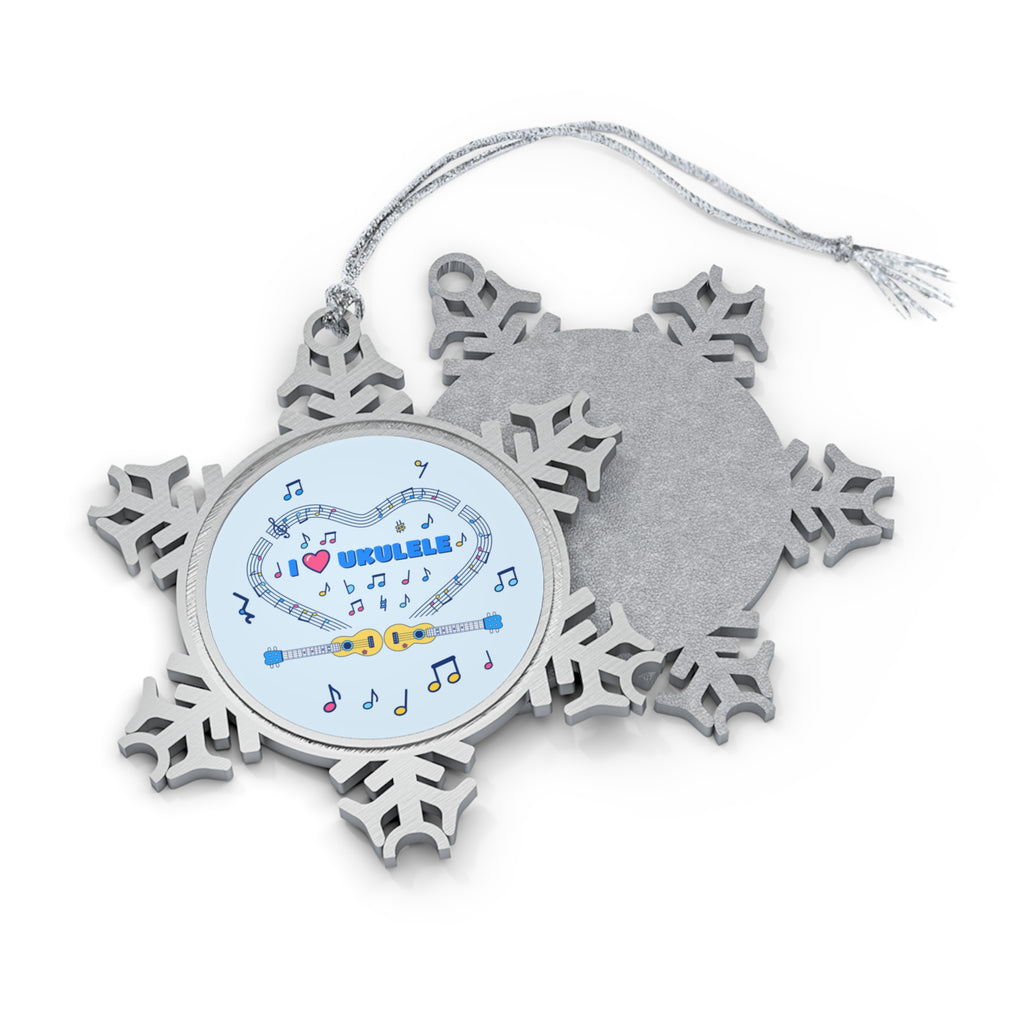 Music-themed Pewter Snowflake Ornament: 'I love ukulele' - blue