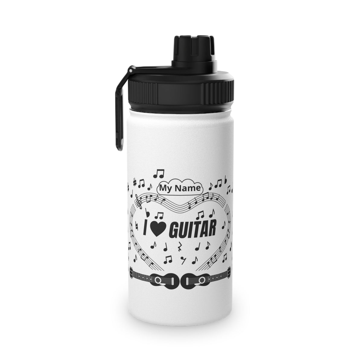 Music-themed Stainless Steel Water Bottle, Sports Lid: 'I love guitar' - black on white