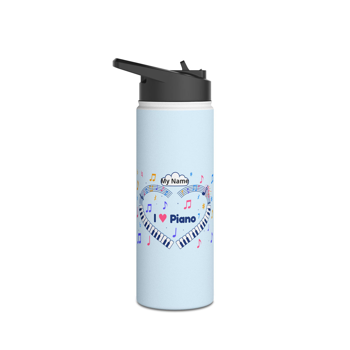 Music-themed Stainless Steel Water Bottle, Standard Lid: 'I love piano' heart - blue