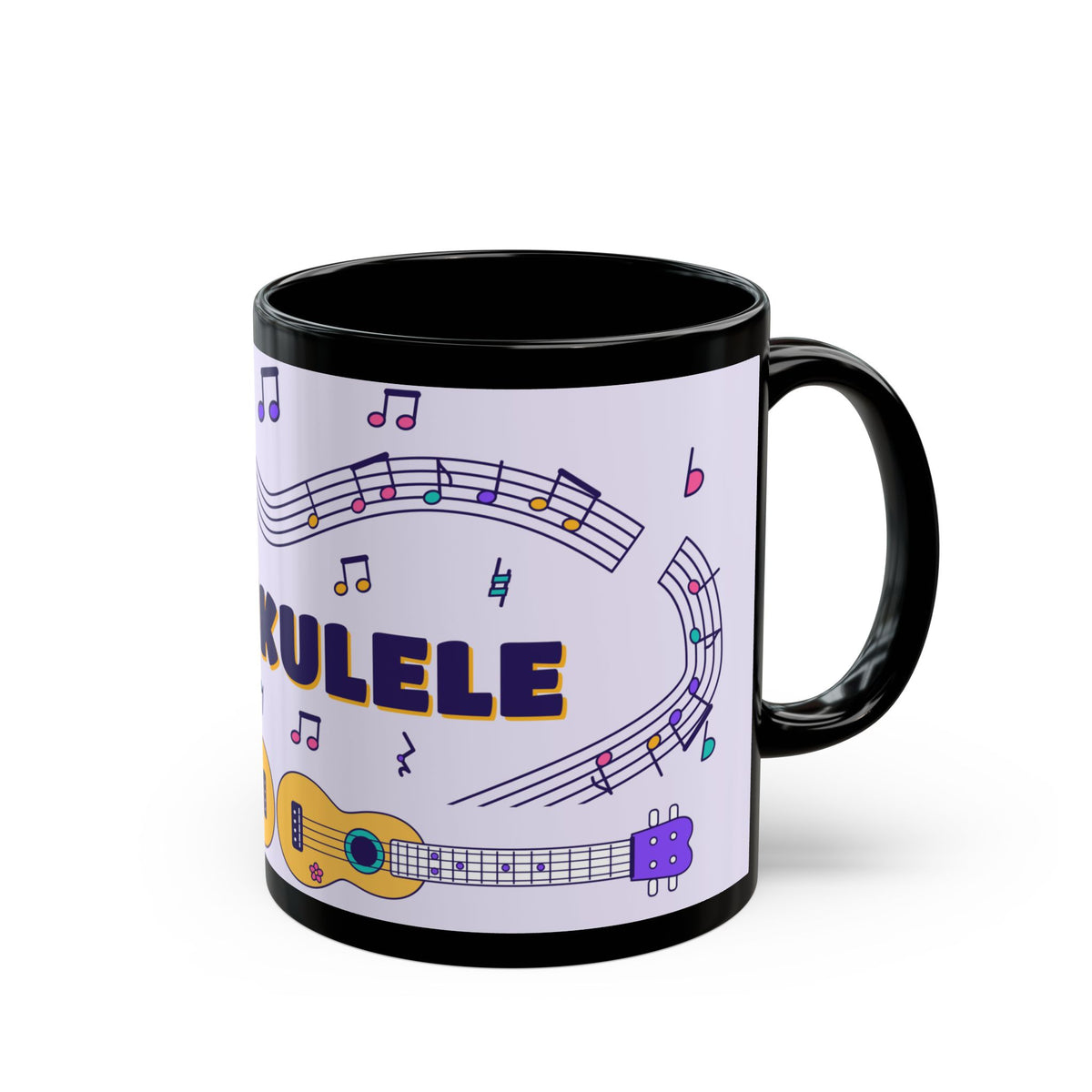 Music-themed Black Mug (11oz, 15oz): 'I love ukulele' - violet