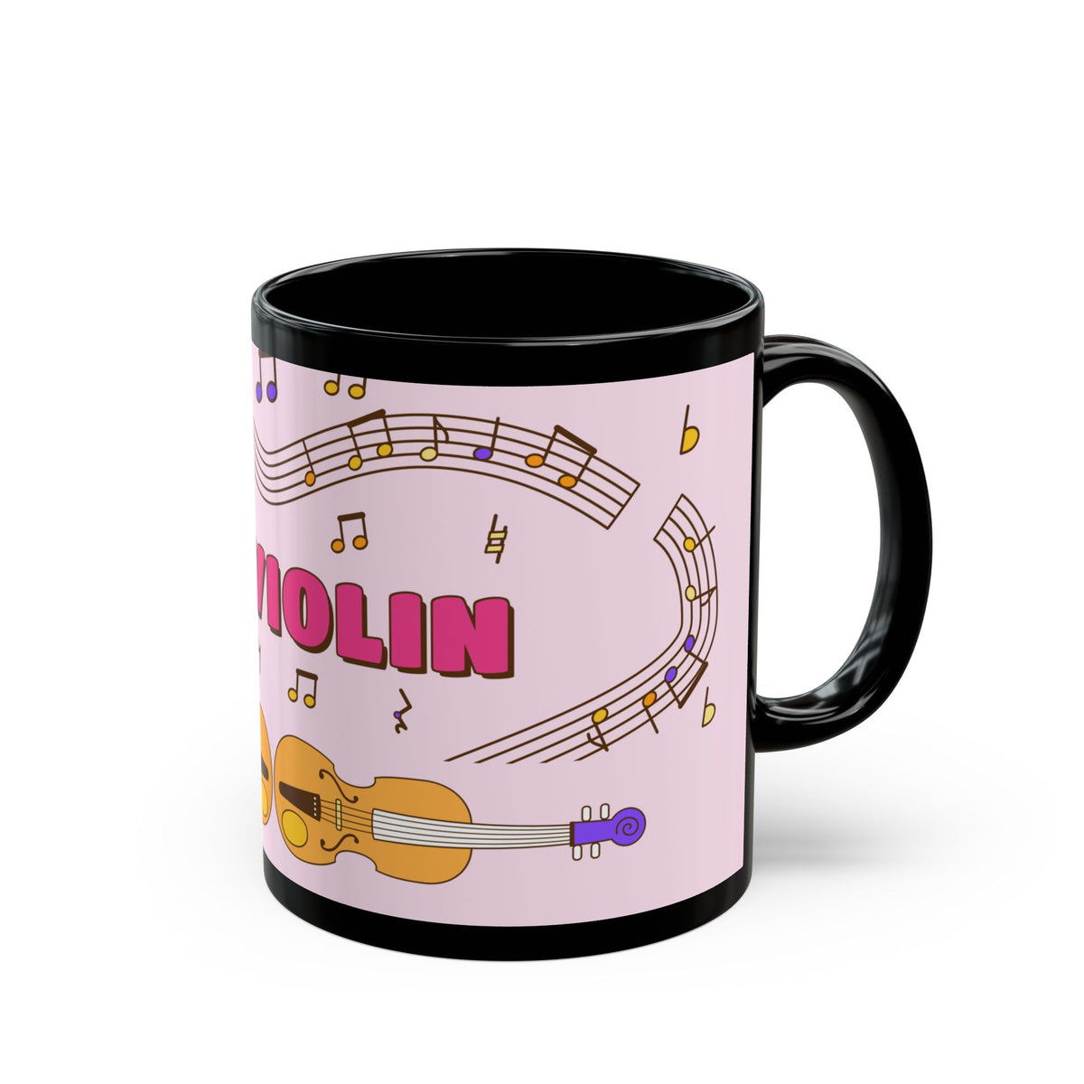 Music-themed Black Mug (11oz, 15oz): 'I love violin' - pink