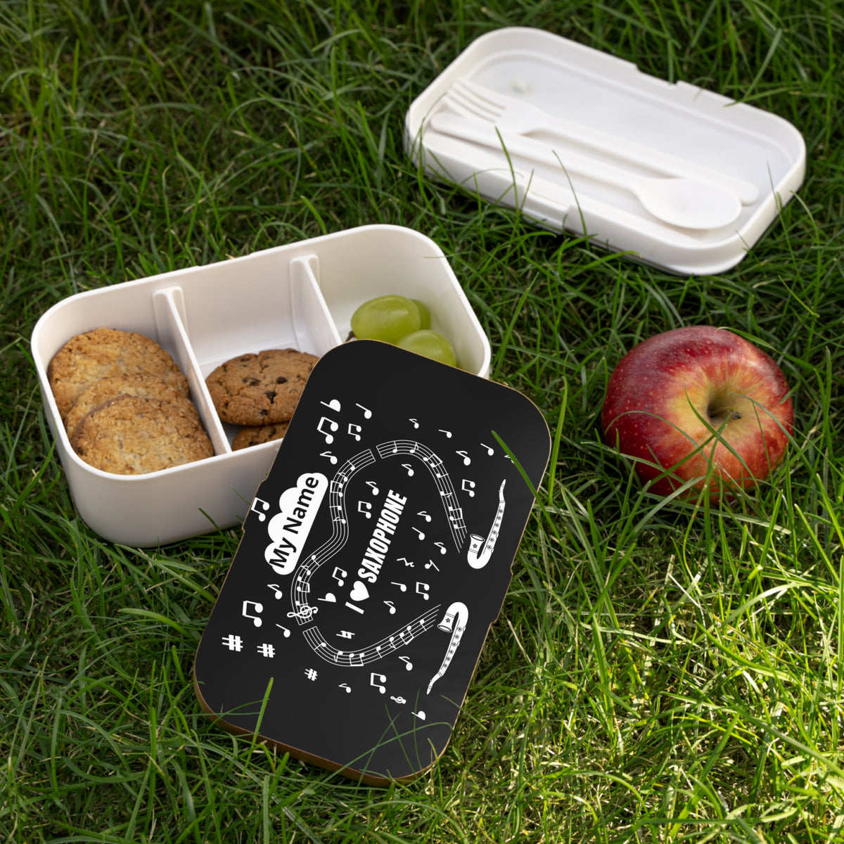 Music-themed Bento Lunch Box: 'I love saxophone' - black & white