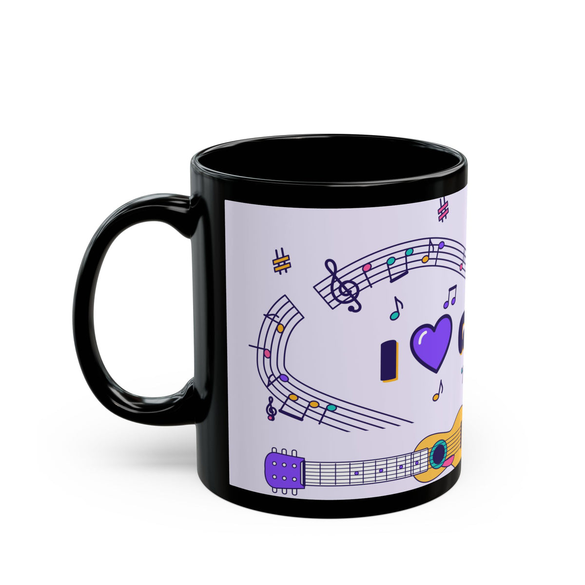 Music-themed Black Mug (11oz, 15oz): 'I love guitar' - violet