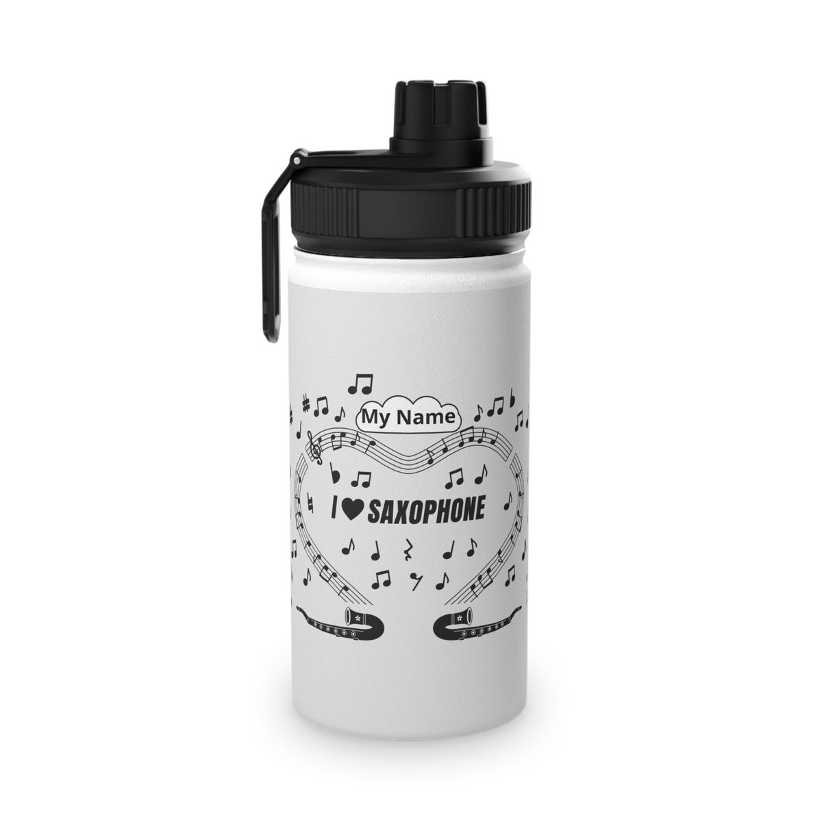 Music-themed Stainless Steel Water Bottle, Sports Lid: 'I love saxophone' - black on white