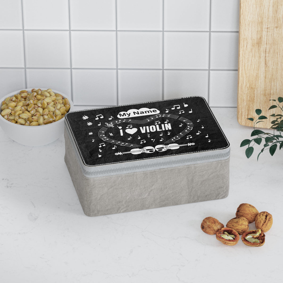 Music-themed Paper Lunch Bag: 'I love violin' - black & white