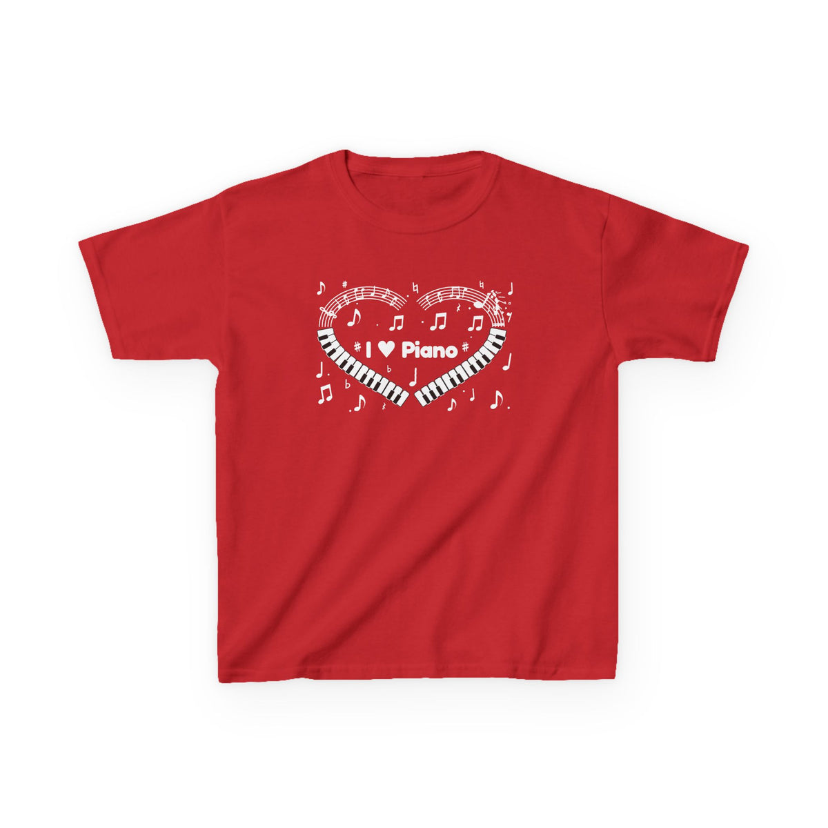 Music-themed Kids Heavy Cotton Tee: 'I love piano' heart - black & white