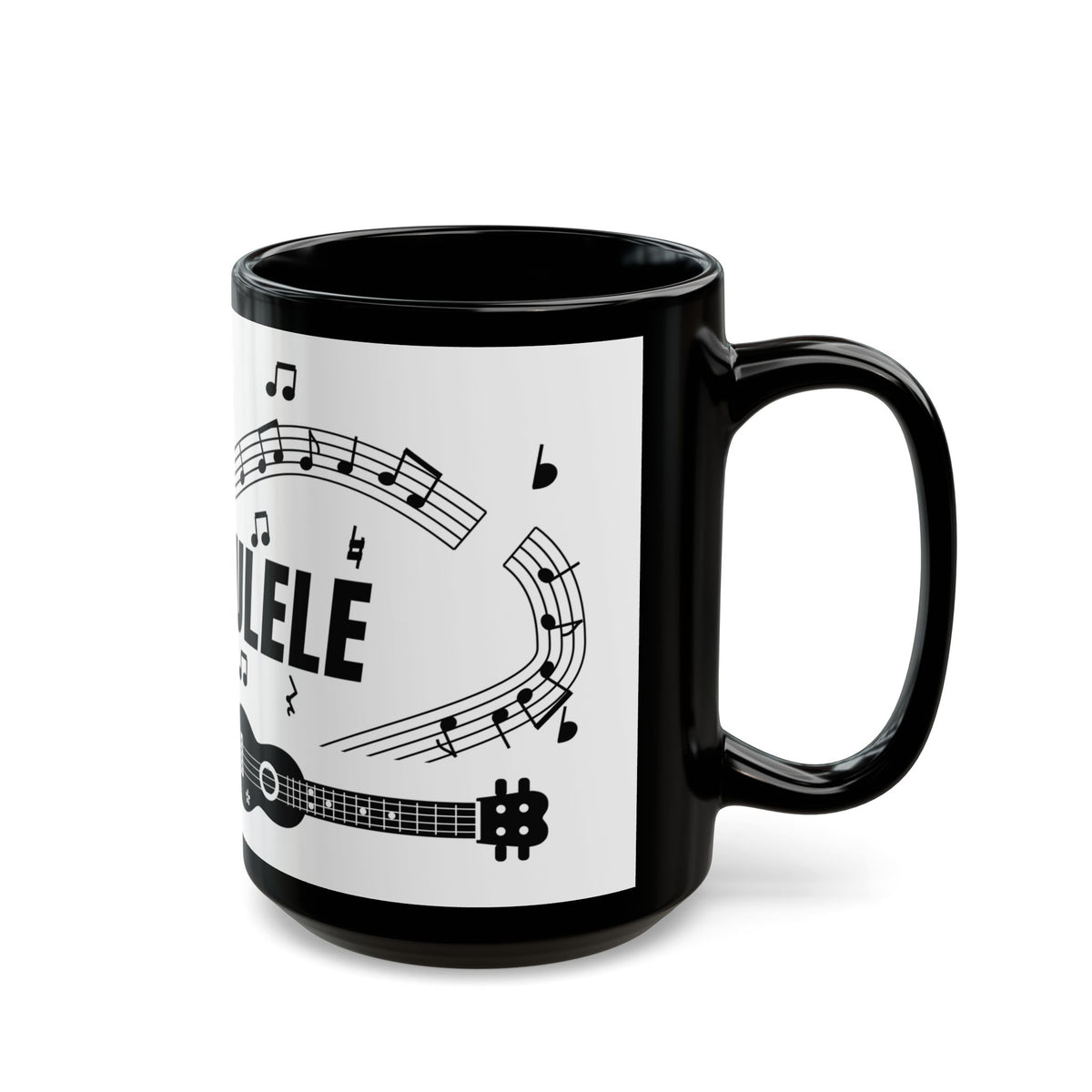 Music-themed Black Mug (11oz, 15oz): 'I love ukulele' - black on white