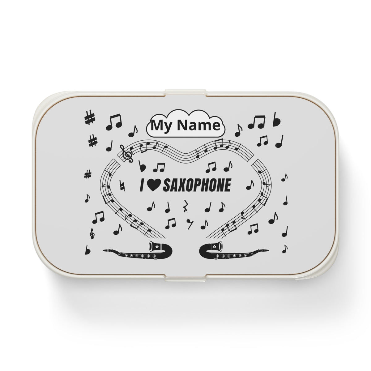 Music-themed Bento Lunch Box: 'I love saxophone' - black on white