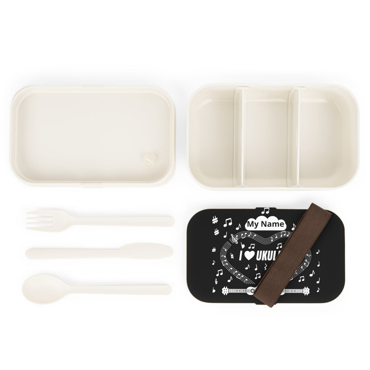 Music-themed Bento Lunch Box: 'I love ukulele' - black & white