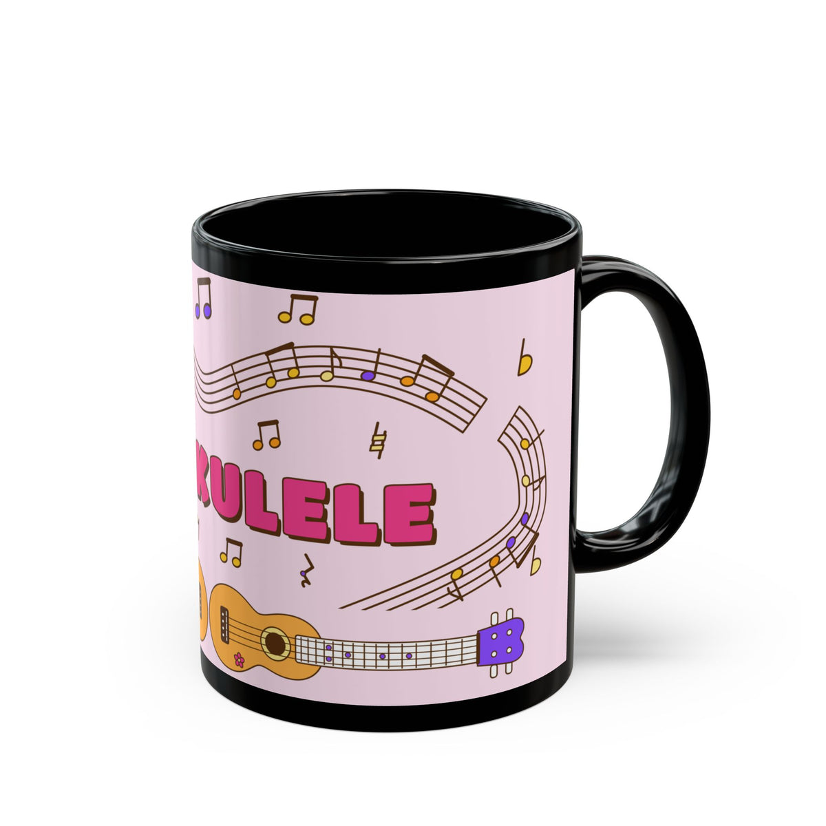 Music-themed Black Mug (11oz, 15oz): 'I love ukulele' - pink