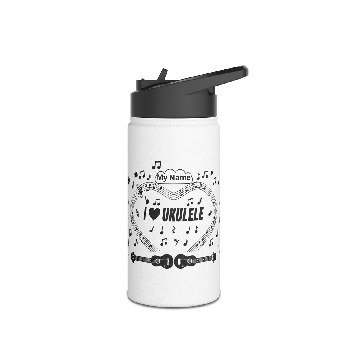 Music-themed Stainless Steel Water Bottle, Standard Lid: 'I love ukulele' - black on white
