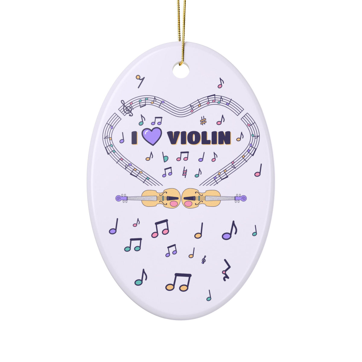 Music-themed Ceramic Ornaments, 1-Side Print: 'I love violin' - violet
