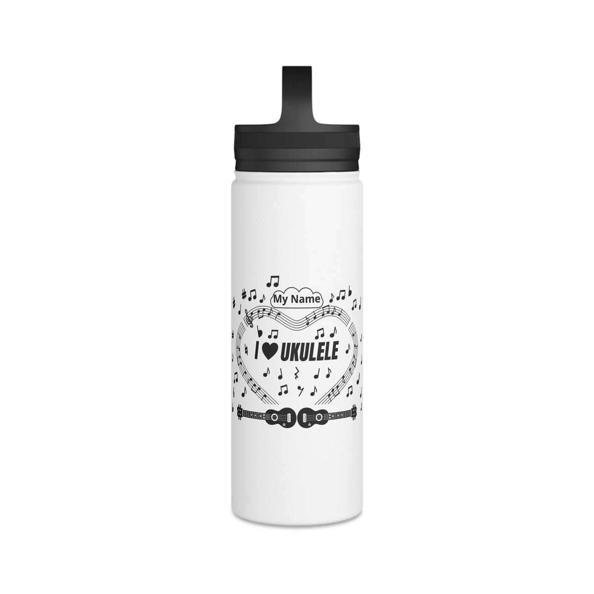 Music-themed Stainless Steel Water Bottle, Handle Lid: 'I love ukulele' - black on white