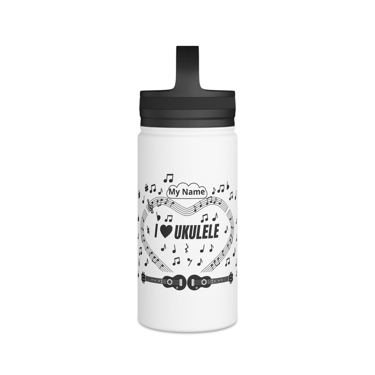 Music-themed Stainless Steel Water Bottle, Handle Lid: 'I love ukulele' - black on white