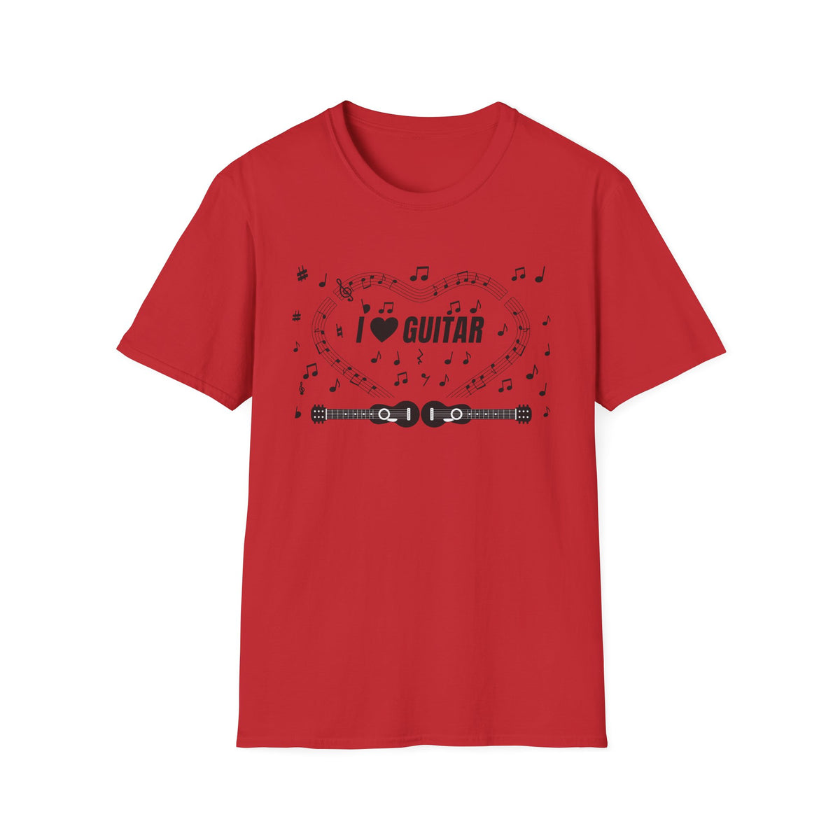 Music-themed Unisex Softstyle T-Shirt: 'I love guitar' - black on white