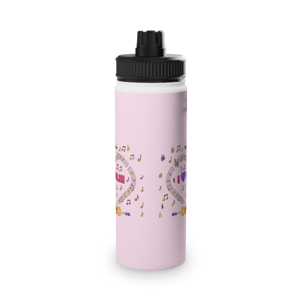 Music-themed Stainless Steel Water Bottle, Sports Lid: 'I love violin' - pink