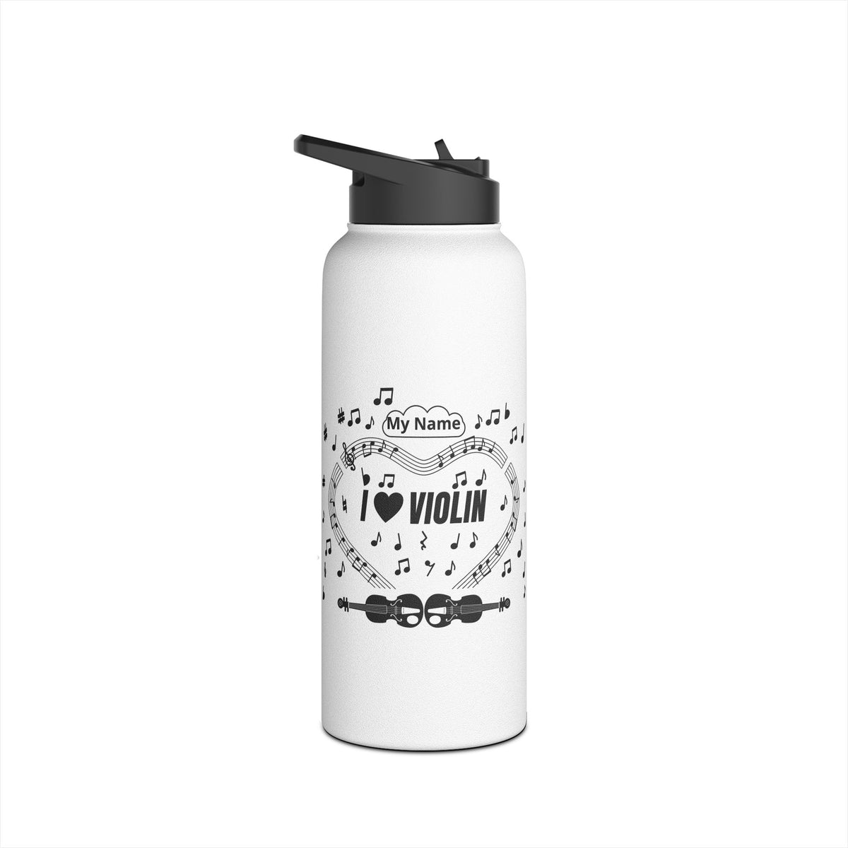 Music-themed Stainless Steel Water Bottle, Standard Lid: 'I love violin' - black on white