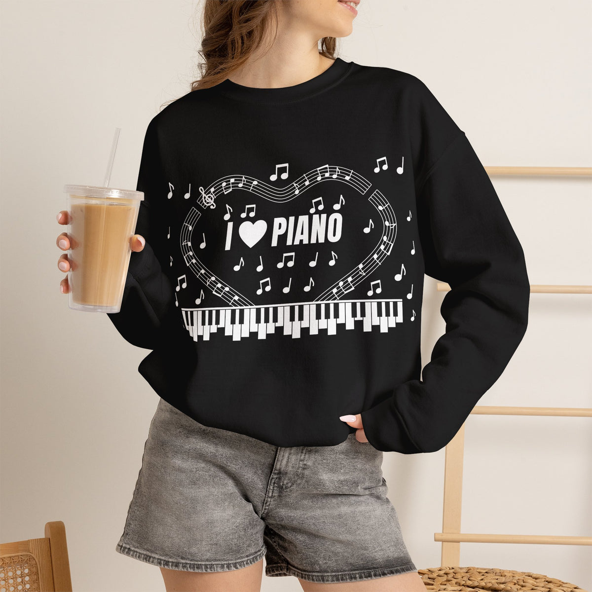 Music-themed Unisex Heavy Blend Crewneck Sweatshirt: 'I love piano' - black & white