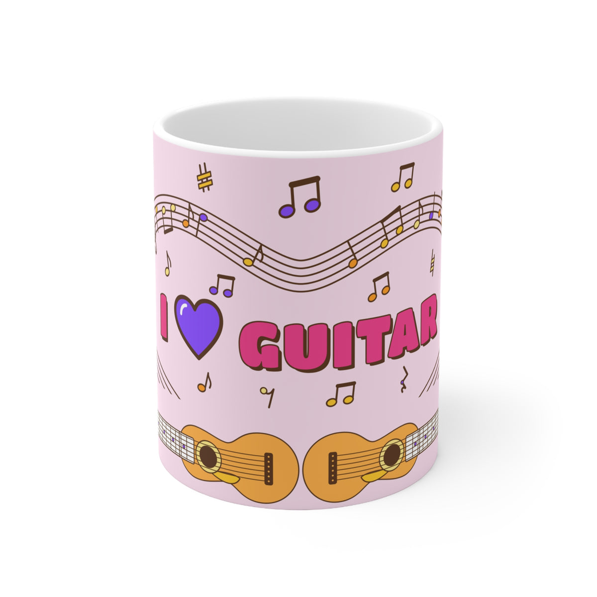 Music-themed Ceramic Mug, 11oz, 15oz: 'I love guitar' - pink