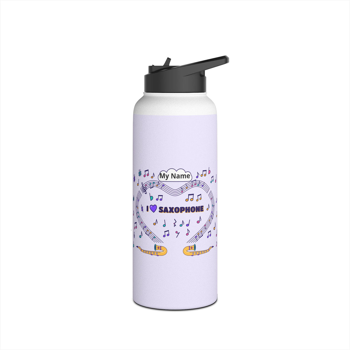 Music-themed Stainless Steel Water Bottle, Standard Lid: 'I love saxophone' - violet