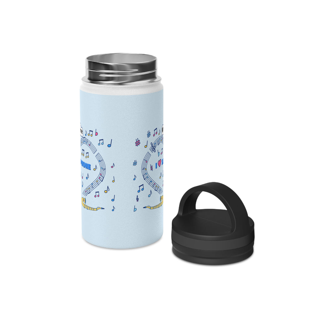 Music-themed Stainless Steel Water Bottle, Handle Lid: 'I love saxophone' - blue