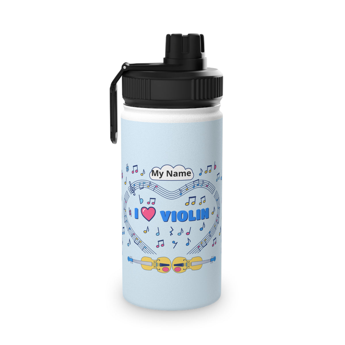 Music-themed Stainless Steel Water Bottle, Sports Lid: 'I love violin' - blue