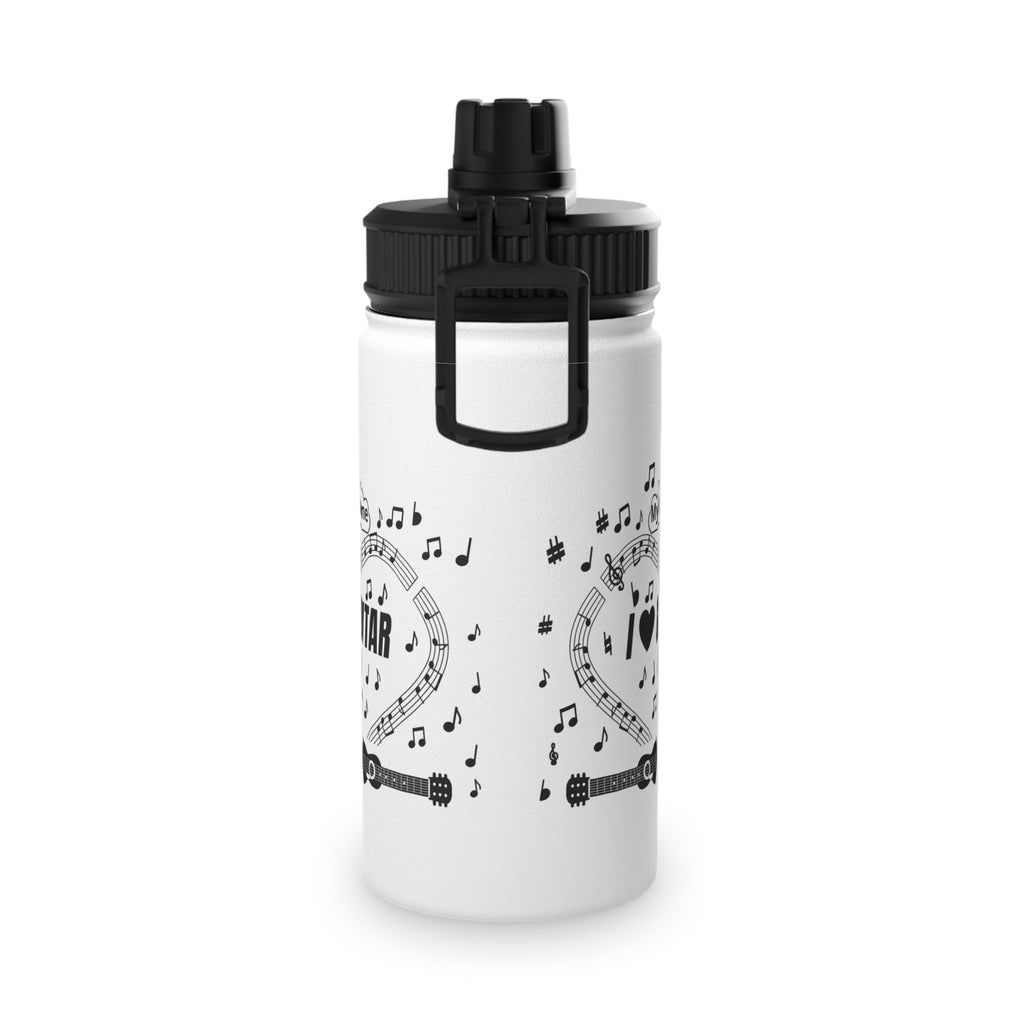 Music-themed Stainless Steel Water Bottle, Sports Lid: 'I love guitar' - black on white