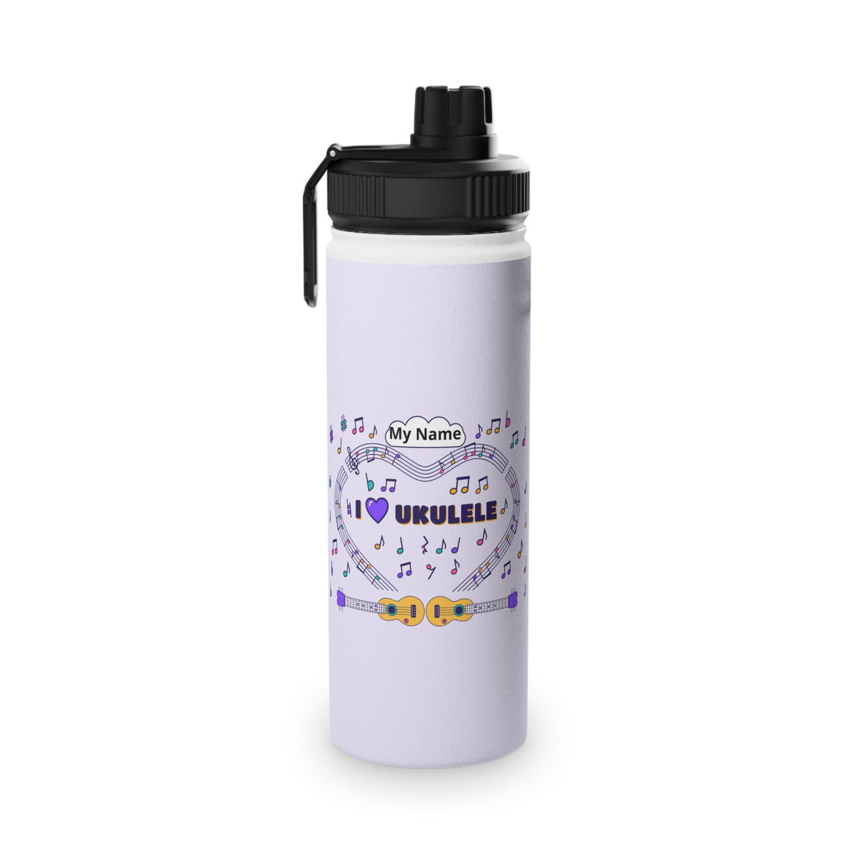 Music-themed Stainless Steel Water Bottle, Sports Lid: 'I love ukulele' - violet