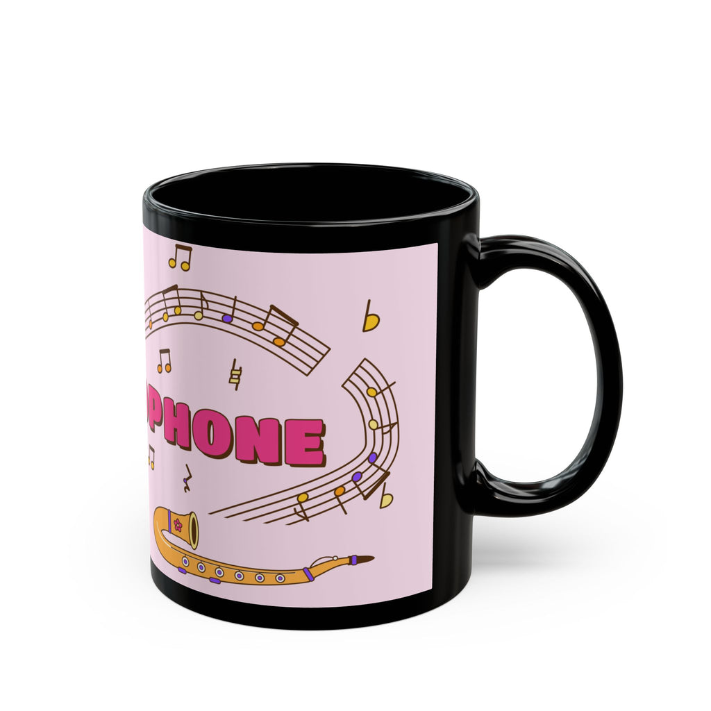 Music-themed Black Mug (11oz, 15oz): 'I love saxophone' - pink