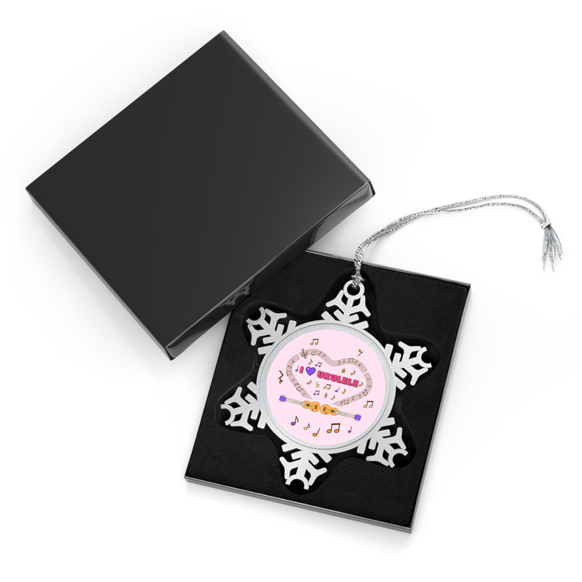 Music-themed Pewter Snowflake Ornament: 'I love ukulele' - pink