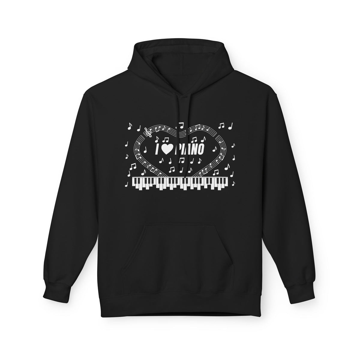 Music-themed Unisex Midweight Softstyle Fleece Hoodie: 'I love piano' - black & white
