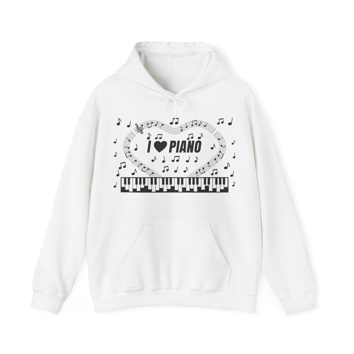 Music-themed Unisex Heavy Blend Hooded Sweatshirt: 'I love piano' - black on white