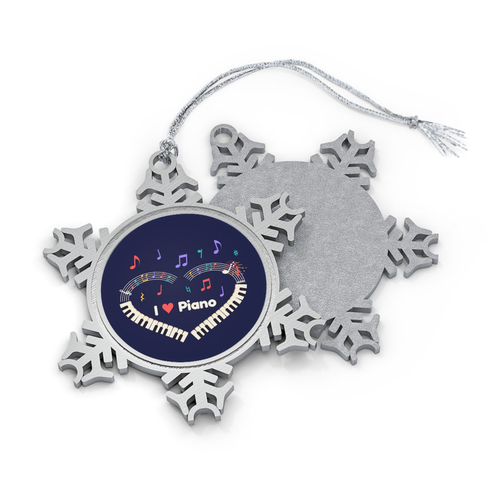 Music-themed Pewter Snowflake Ornament: 'I love piano' heart - navy