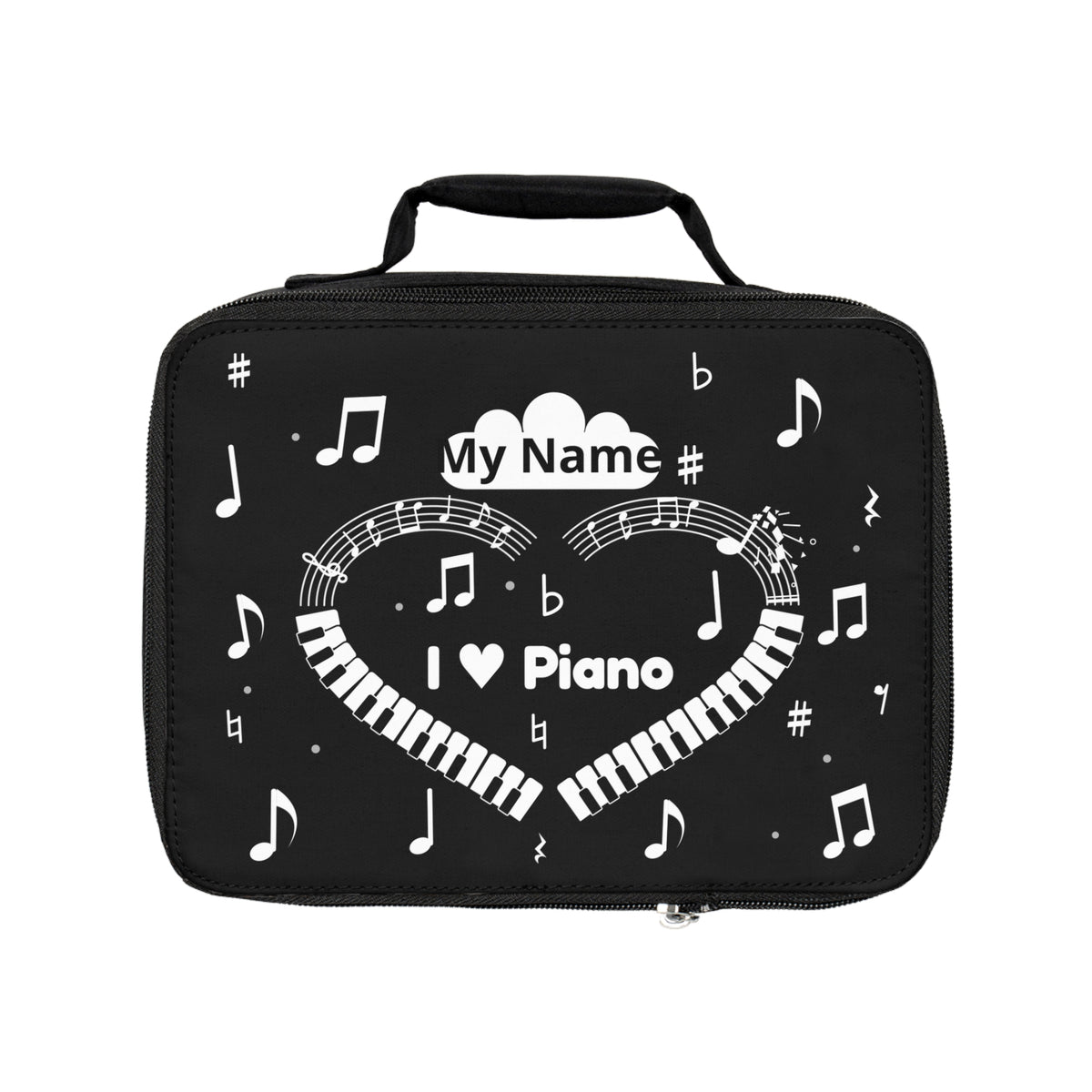 Music-themed Lunch Bag: 'I love piano' heart - black & white