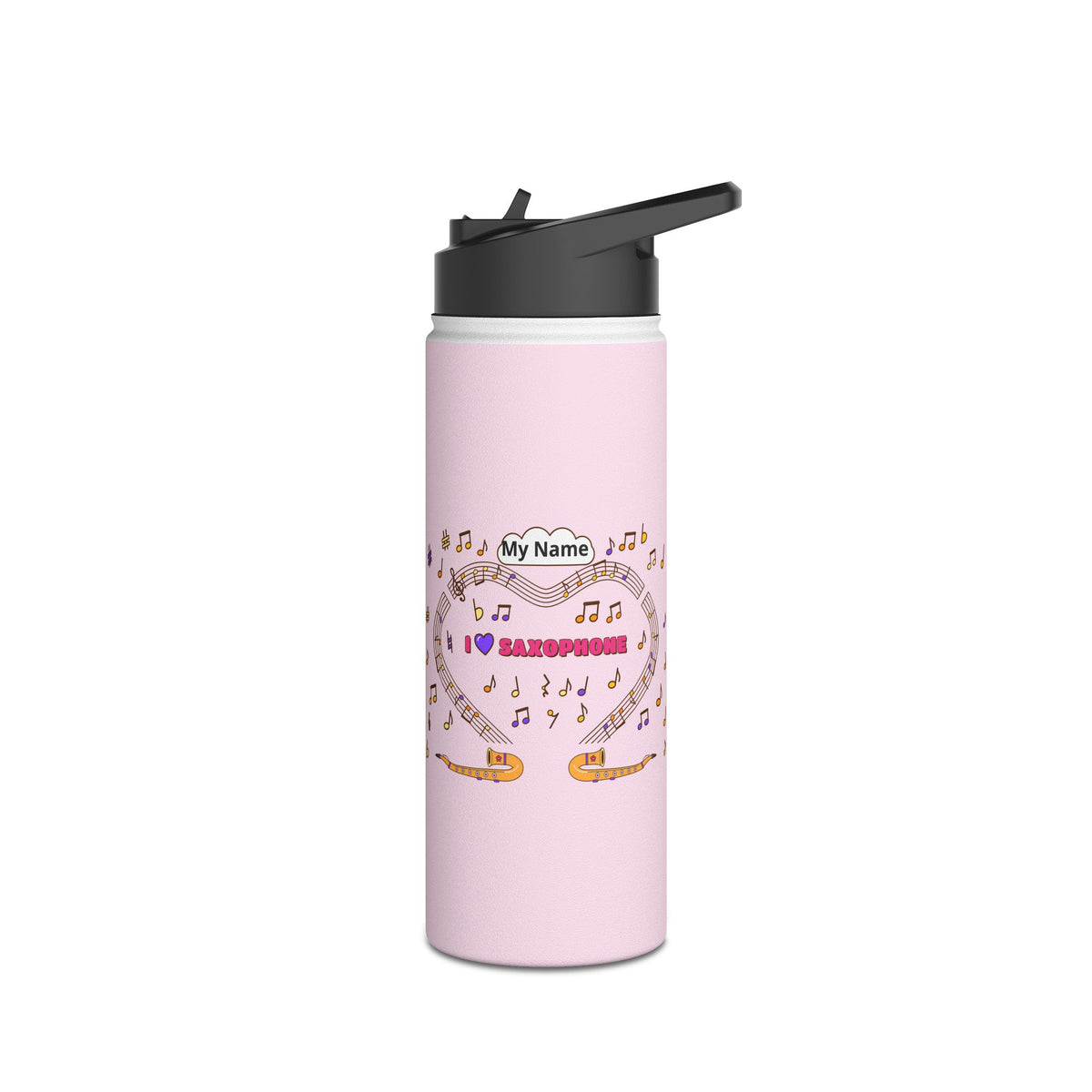 Music-themed Stainless Steel Water Bottle, Standard Lid: 'I love saxophone' - pink