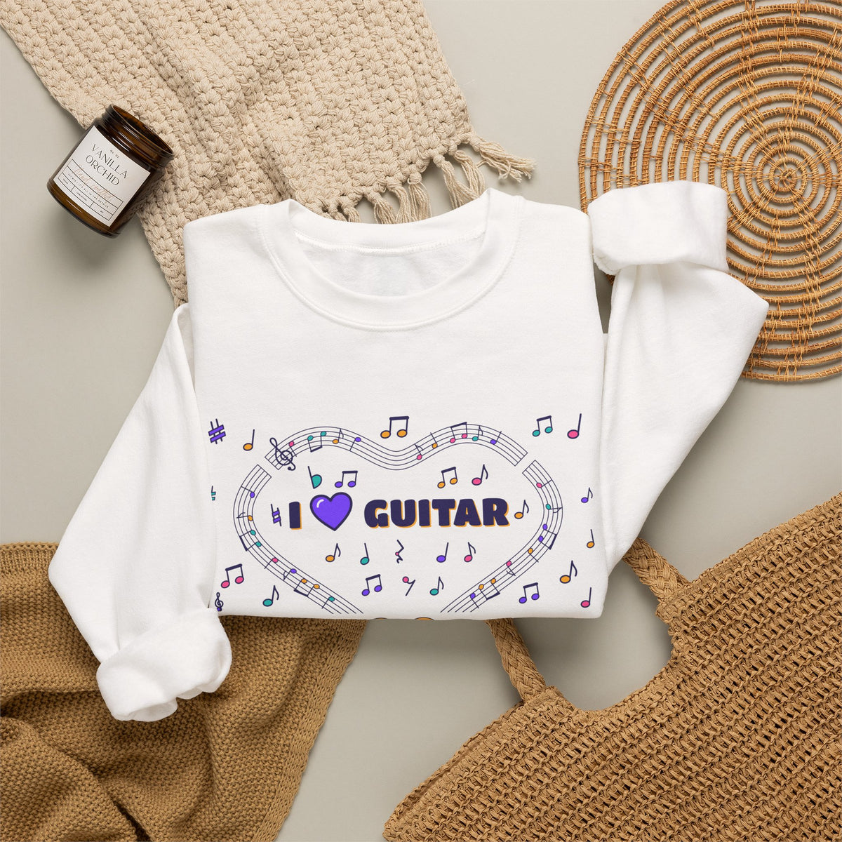 Music-themed Unisex Heavy Blend Crewneck Sweatshirt: 'I love guitar' - violet