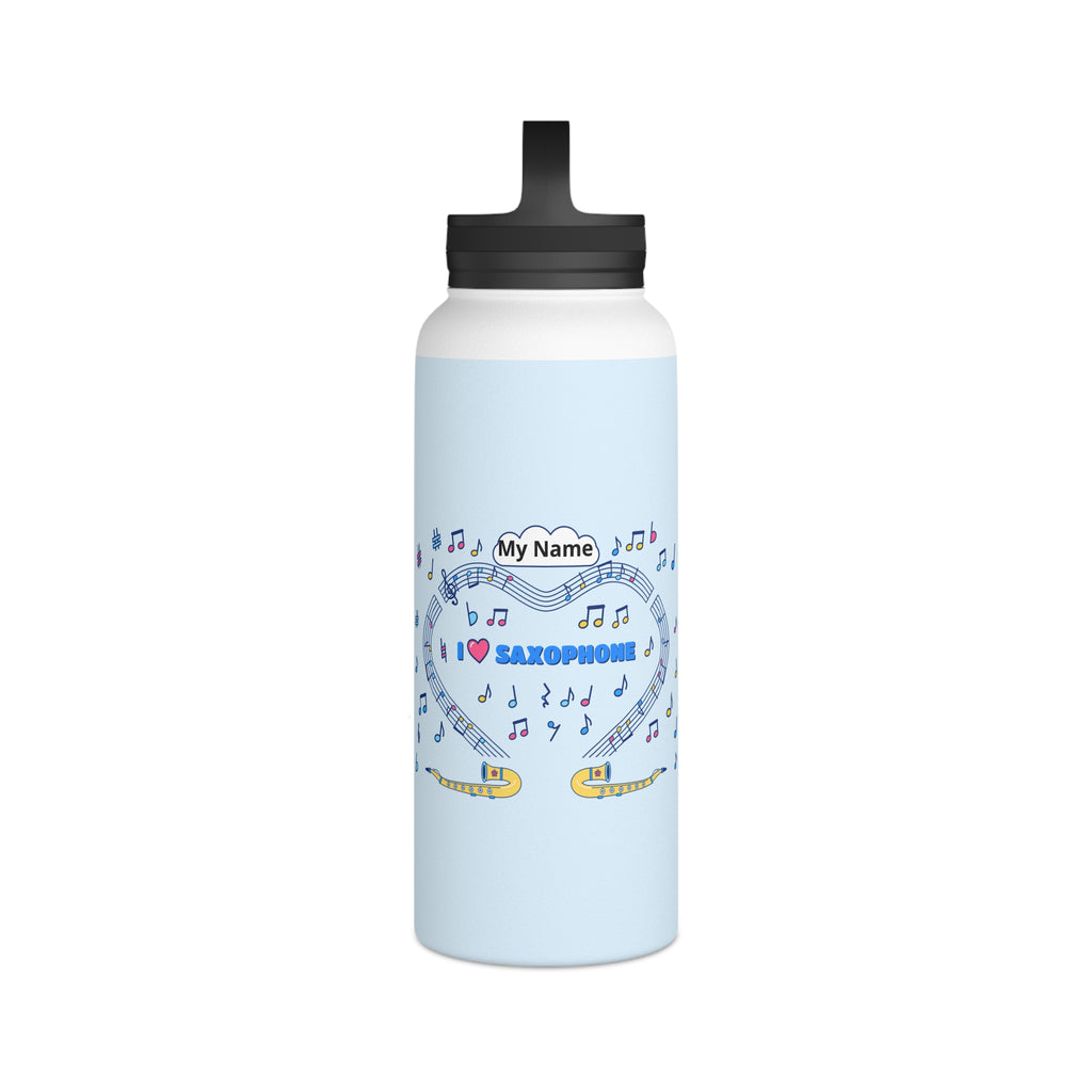 Music-themed Stainless Steel Water Bottle, Handle Lid: 'I love saxophone' - blue