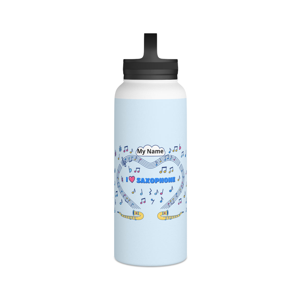 Music-themed Stainless Steel Water Bottle, Handle Lid: 'I love saxophone' - blue