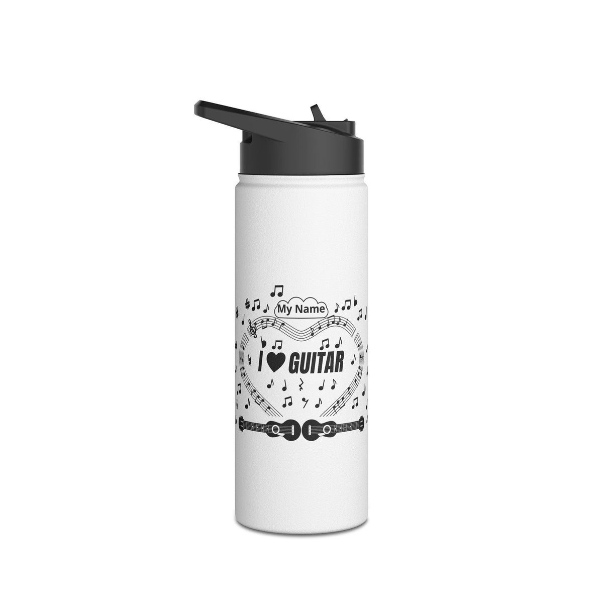 Music-themed Stainless Steel Water Bottle, Standard Lid: 'I love guitar' - black on white