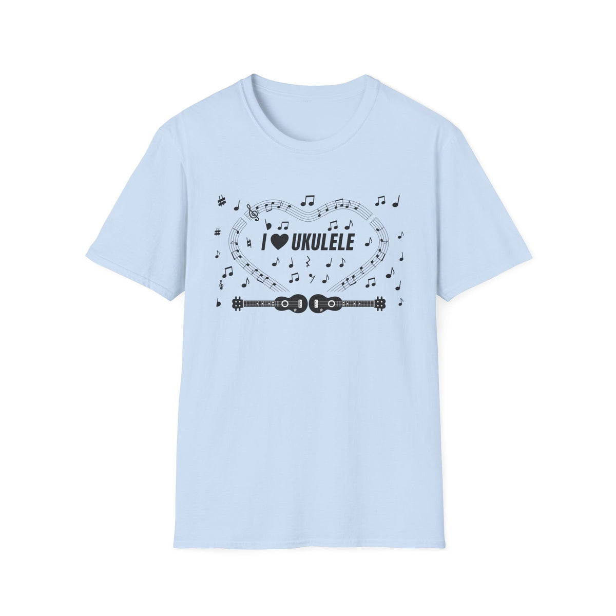 Music-themed Unisex Softstyle T-Shirt: 'I love ukulele' - black on white