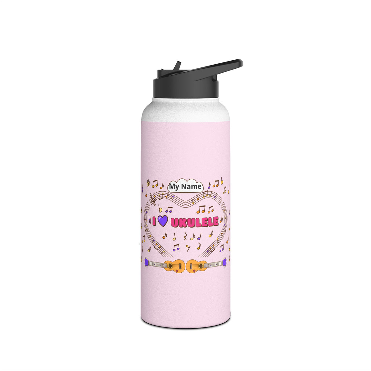 Music-themed Stainless Steel Water Bottle, Standard Lid: 'I love ukulele' - pink