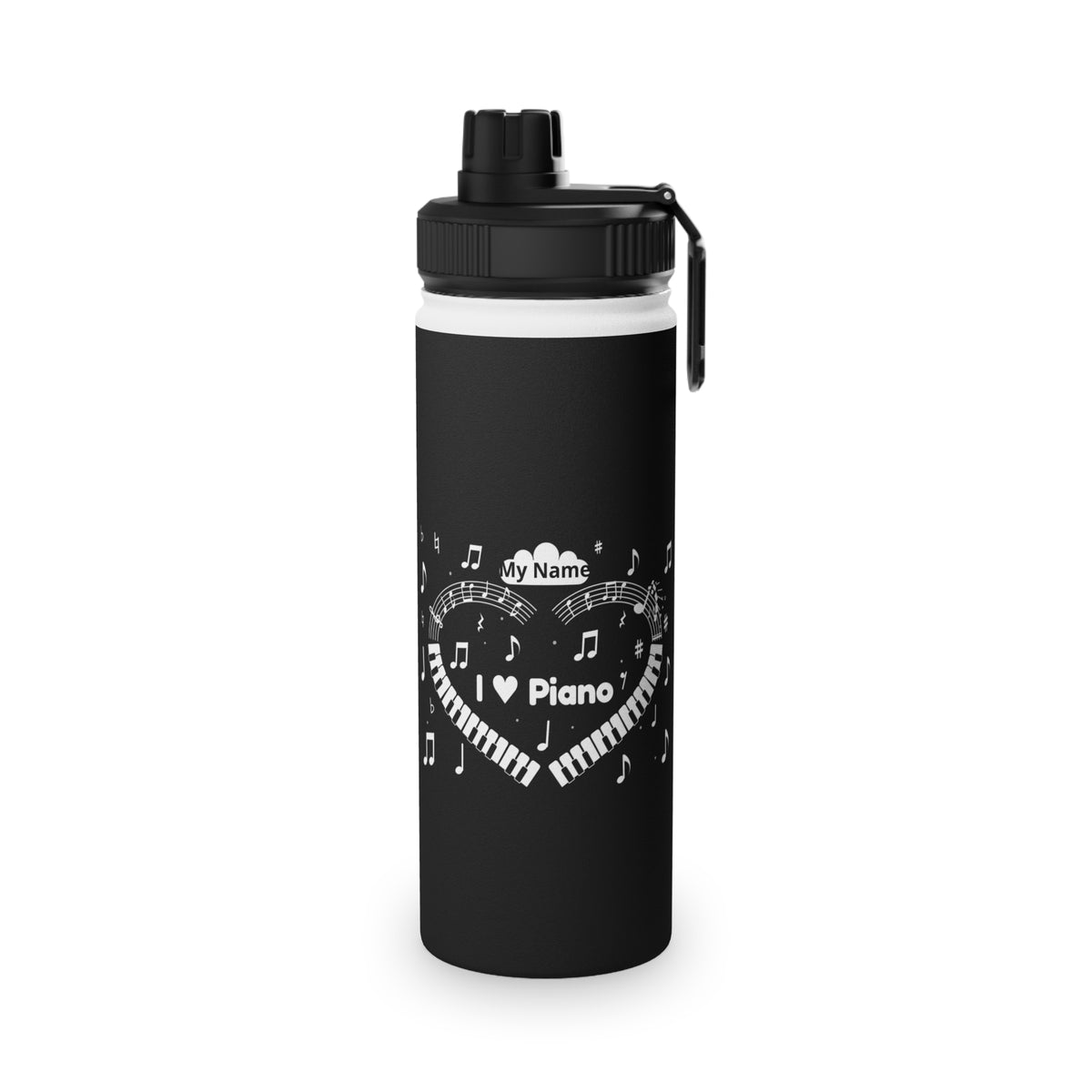 Music-themed Stainless Steel Water Bottle, Sports Lid: 'I love piano' heart - black & white
