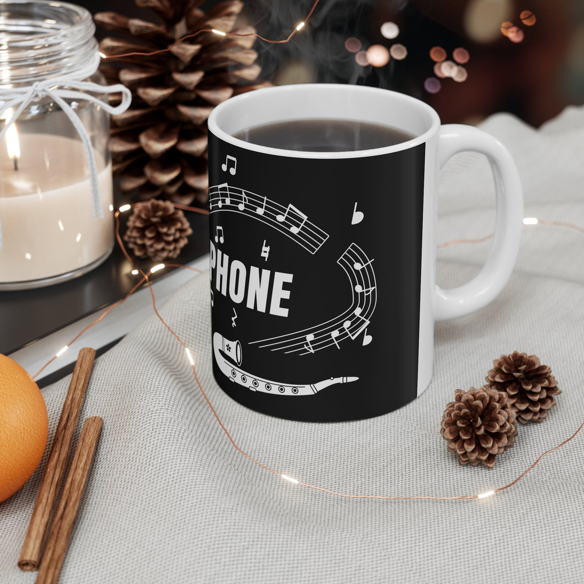 Music-themed Ceramic Mug, 11oz, 15oz: 'I love saxophone' - black & white