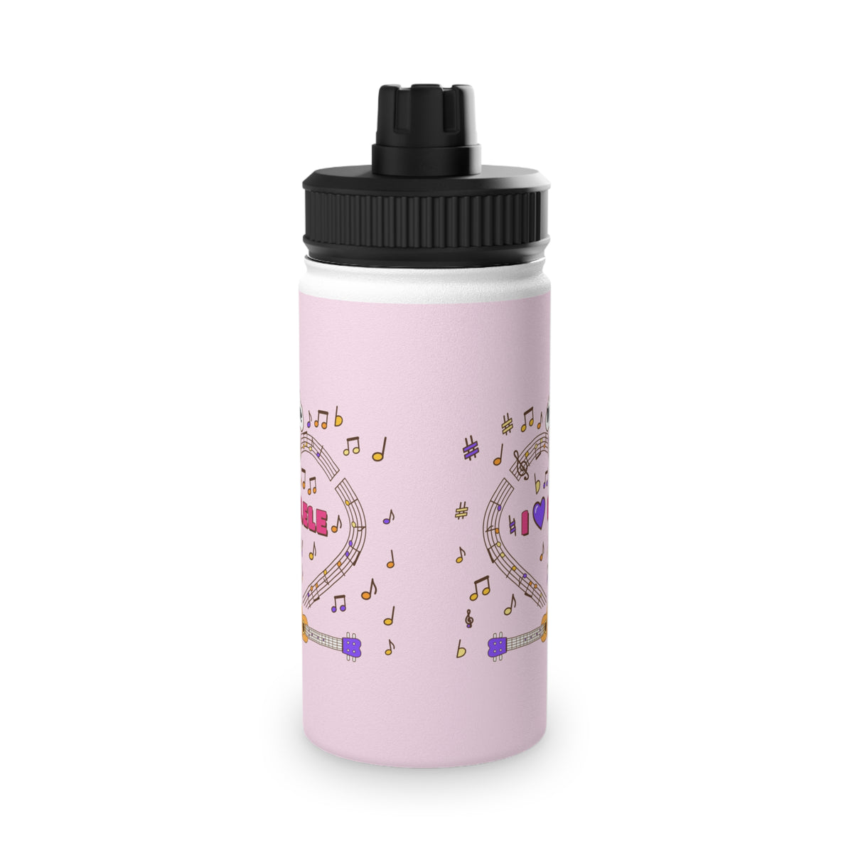 Music-themed Stainless Steel Water Bottle, Sports Lid: 'I love ukulele' - pink