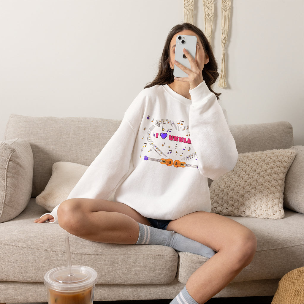 Music-themed Unisex Heavy Blend Crewneck Sweatshirt: 'I love ukulele' - pink